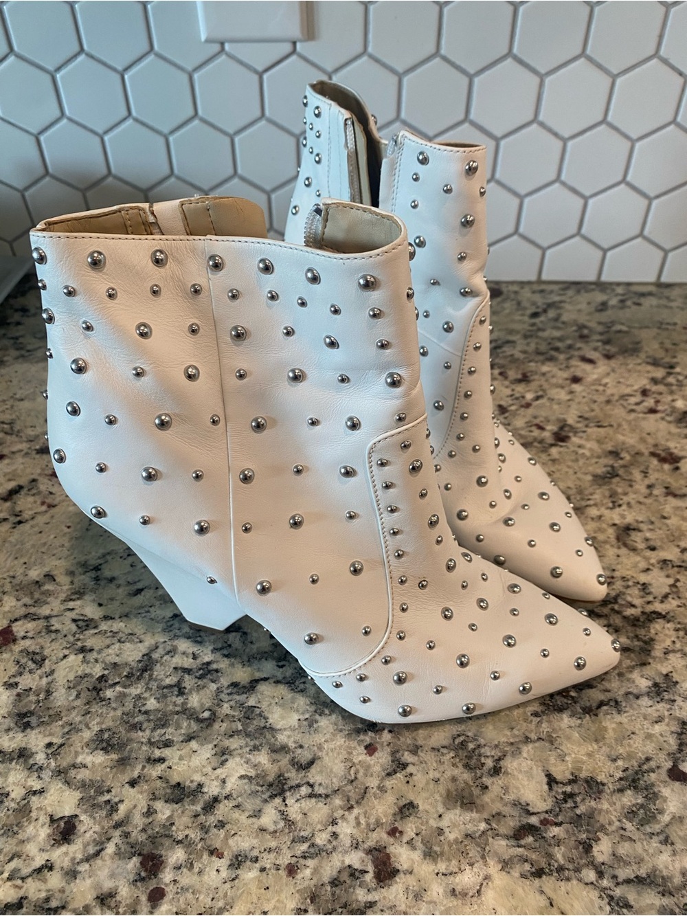 Sam Edelman White Silver-Studded Pointed Ankle Boots